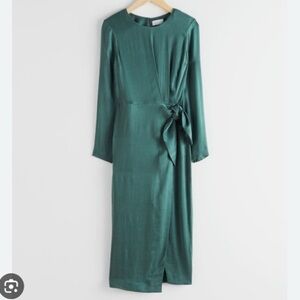 & Other Stories Satin Side Knot Midi Dress Green Long Sleeves Size 10